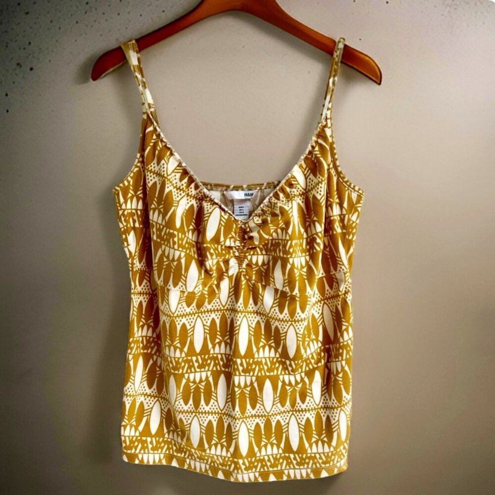 Vintage Y2K H&M Mustard Yellow Tiki Print Spaghetti Strap Tank Top